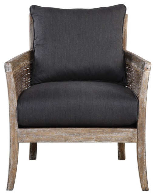 Rustic Exposed Wood Cane Side Arm Chair, Dark Gray Black Comfy .