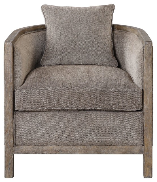 Weathered Wood Gray Chenille Tub Arm Chair, Accent Barrel Round .