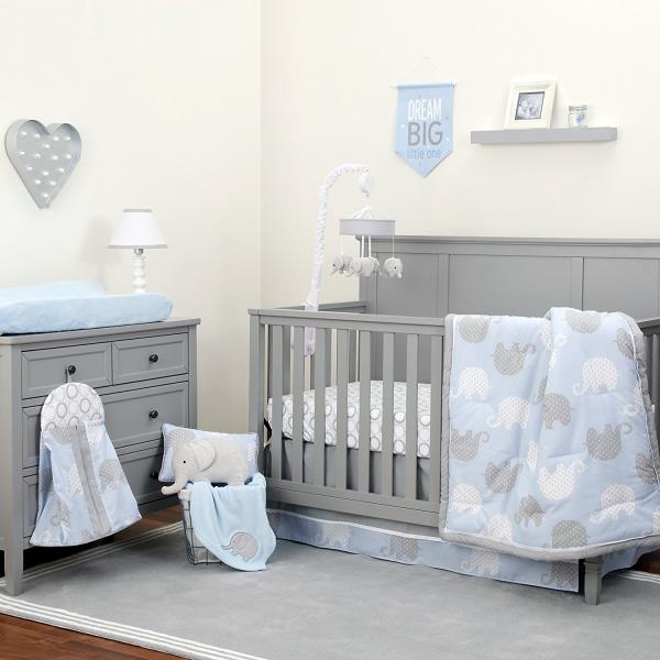 Blue Gray Elephant 8 pc Crib Bedding Set Baby Boy Nursery Blanket .