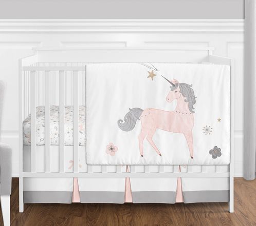 4 pc. Pink, Grey and Gold Unicorn Baby Girl Crib Bedding Set .