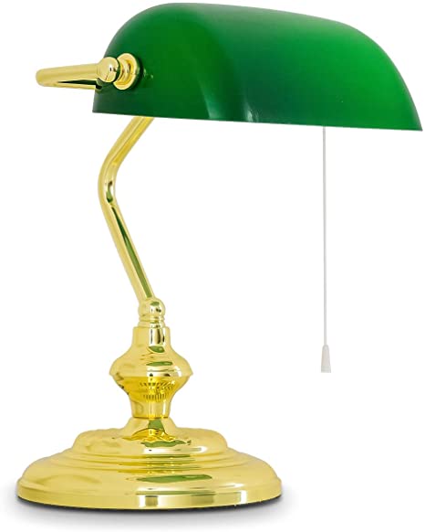 Retro Traditional Style Bankers Lamp Table lamp, Green Glass Shade .