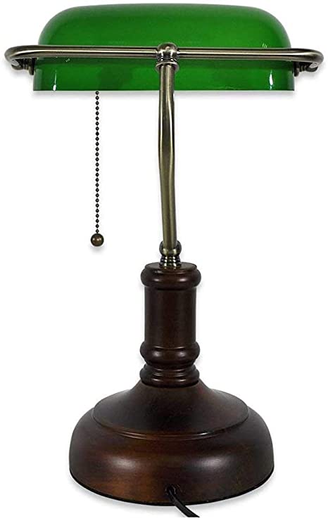 Desk Lamp/Bankers Lamp/Office Lamp Green Glass Shade, Pull Switch .