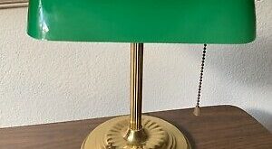 Vintage Bankers Desk Lamp Green Glass Shade Brass Base Library .