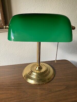 Vintage Bankers Desk Lamp Green Glass Shade Brass Base Library .