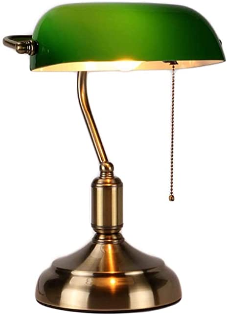 Desk Lamp/Bankers Lamp/Office Lamp Green Glass Shade, Pull Switch .