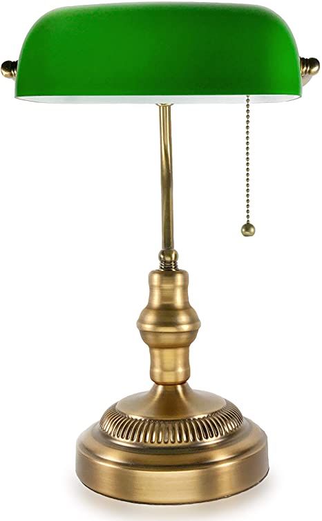 Traditional Bankers Lamp, Brass Base, Handmade Emerald Green Glass .
