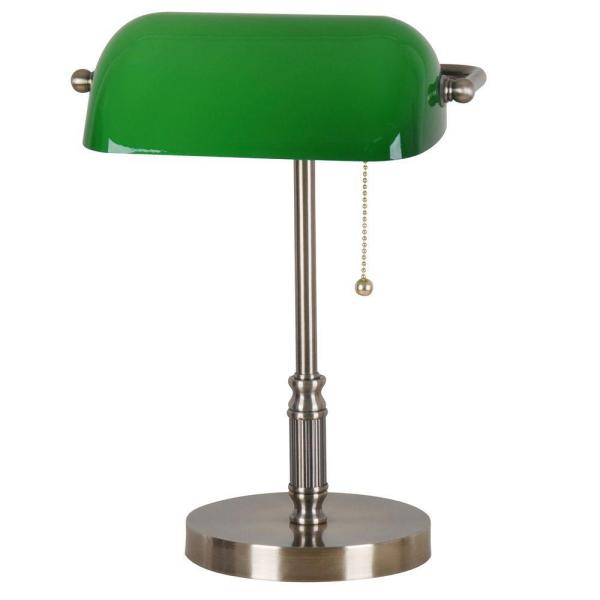 Hampton Bay 15 in. Antique Brass Bankers Lamp with Green Glass .