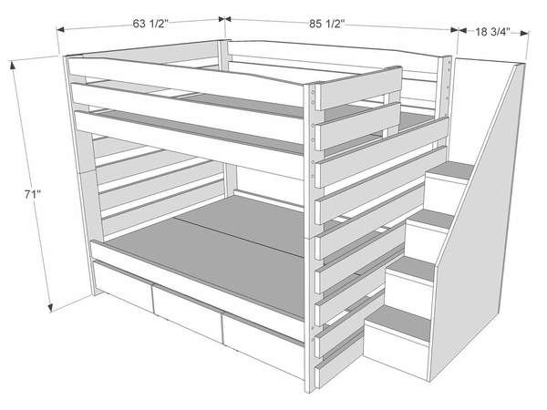 Solid wood queen bunk beds with stairs and storage. Kid-tough .