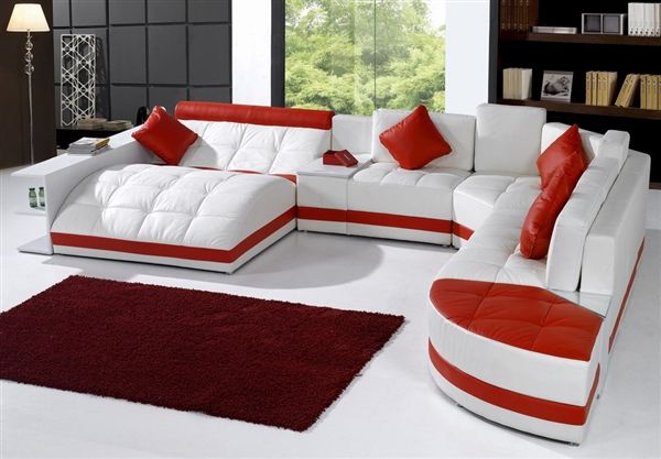 Miami Contemporary Leather Sectional Sofa Set - White / Red on .