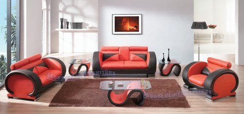 Contemporary Red and Black Leather Sofa Loveseat Chair Set with .