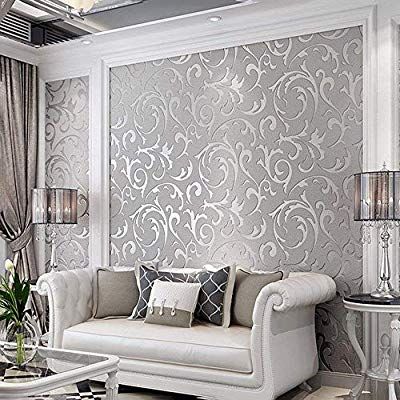 3D Decorative Wallpaper for Bedroom, Matte Silver Flower Wall .