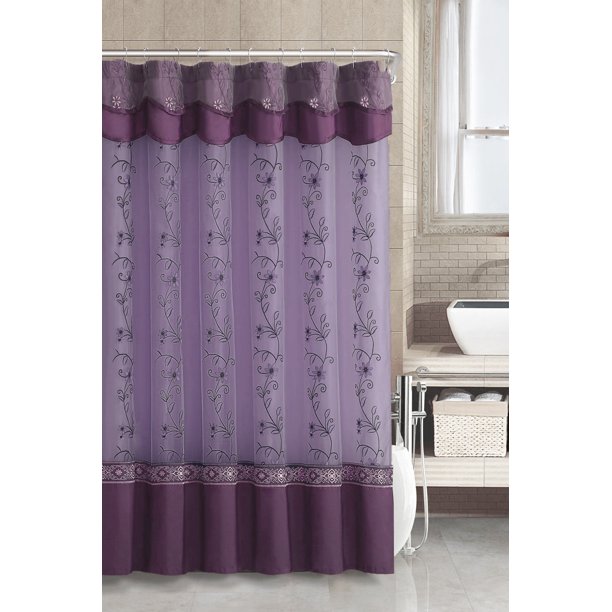 Purple Two-Layered Embroidered Fabric Shower Curtain with Attached .