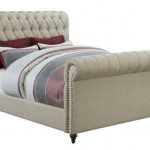 Scrolled Button Tufted Headboard & Footboard Beige Color Fabric .