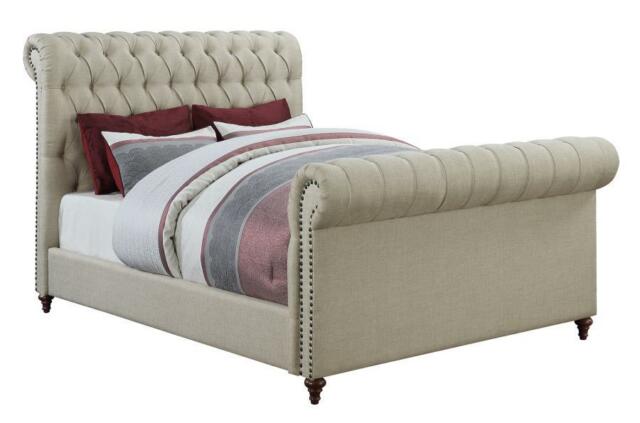 Scrolled Button Tufted Headboard & Footboard Beige Color Fabric .