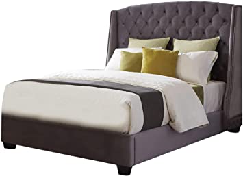 Amazon.com - Benjara Fabric Upholstered Wooden Queen Size Bed with .