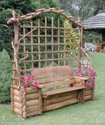 Log inspired garden seat with trellis in back. Love it! | Outdoor .