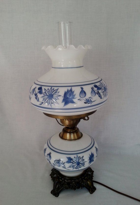Vintage GWTW Style Parlor Table Large Tall Hurricane Lamp Blue and .
