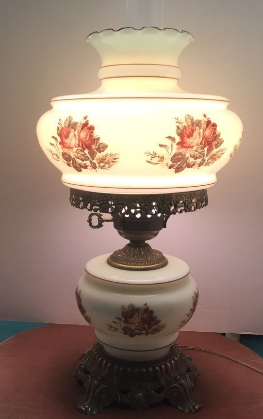 VINTAGE 19" HURRICANE LAMP FLORAL MILK GLASS GONE WITH THE WIND .