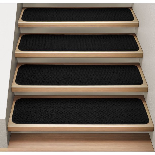 Set of 12 Attachable Indoor Carpet Stair Treads - Black - 9 In. X .
