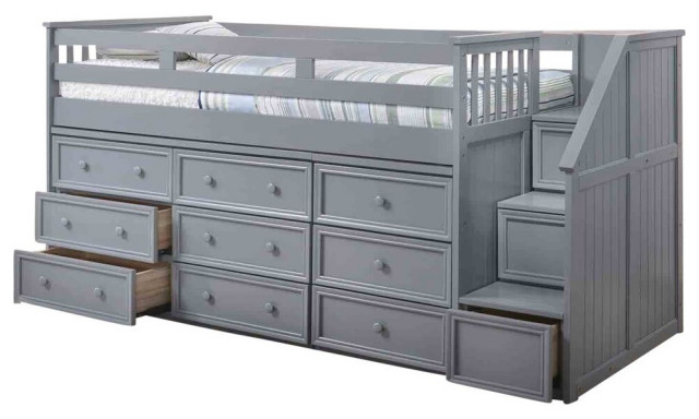 Marlena Grey Twin Storage Low Loft Bed with Stairs - Transitional .
