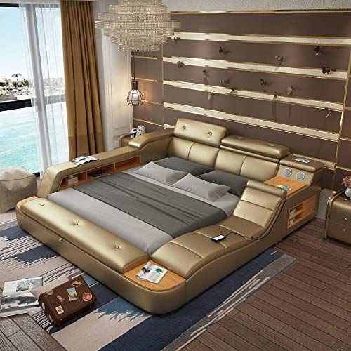 All in One Leather Double Bed Frame with Speakers Storage Safe .