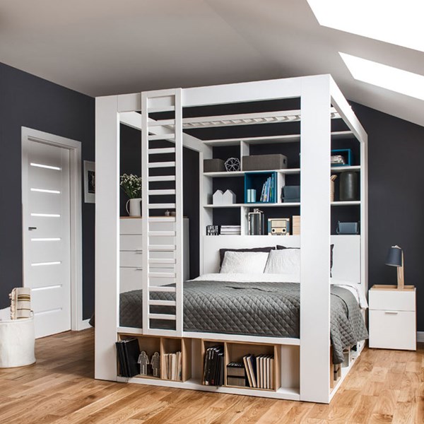 Vox 4you King 4 Poster Bed With Storage & Shelves In White - Vox .