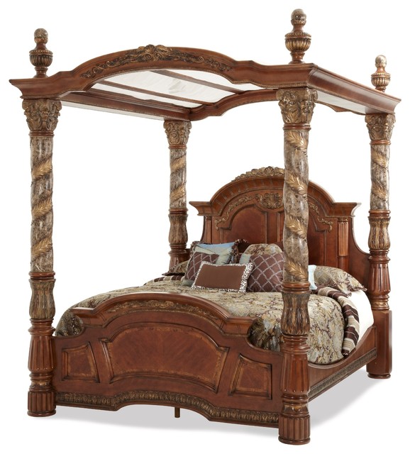 AICO Furniture, Villa Valencia Bed With Canopy, Chestnut .