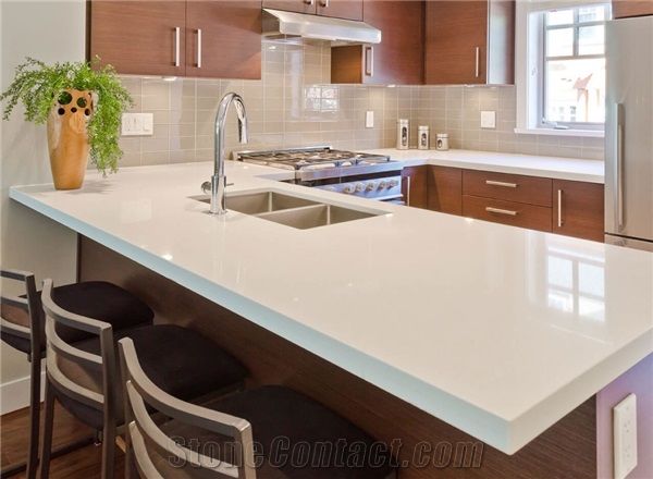 Pure White Quartz Stone Solid Surface L Shaped Kitchen Countertop .