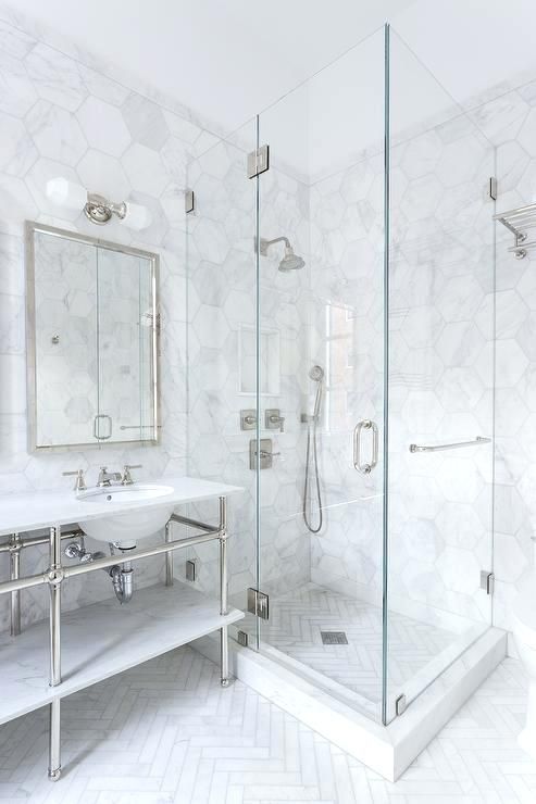 large floor tiles bathroom shower with white herringbone floor .