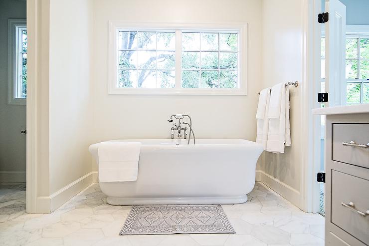 Large White Marble Hexagon Bathroom Floor Tiles - Transitional .