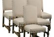 6 NEW DINING CHAIRS SPANISH STYLE, WOOD FRAME, LINEN FABRIC .