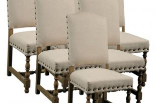 6 NEW DINING CHAIRS SPANISH STYLE, WOOD FRAME, LINEN FABRIC .