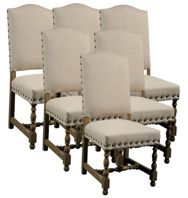 6 NEW DINING CHAIRS SPANISH STYLE, WOOD FRAME, LINEN FABRIC .