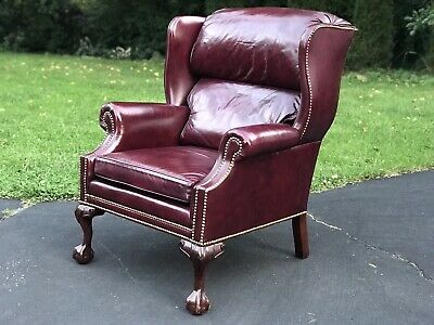 Hancock & Moore Wing Back Chair in Red Oxblood Leather Claw Feet .