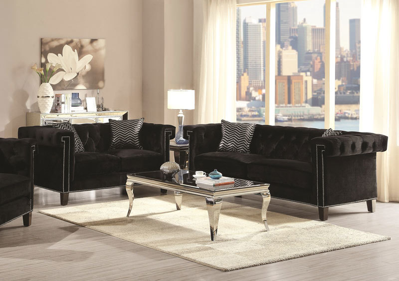 Contemporary Living Room Tufted Black Velvet Sofa Couch & Loveseat .