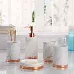 Marble Look with Rose Gold Trim 5 Piece Bathroom Accessory Set .