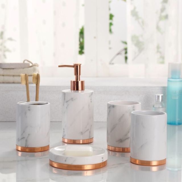 Marble Look with Rose Gold Trim 5 Piece Bathroom Accessory Set .