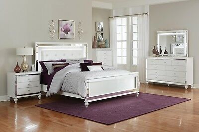 GLITZY 4 PC WHITE MIRRORED LED QUEEN BED NS DRESSER MIRROR BEDROOM .