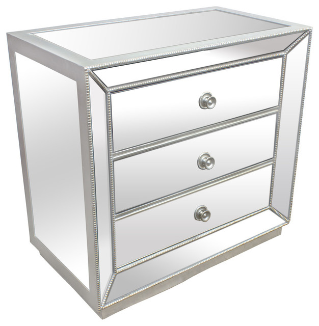 Silver Mirrored Glass Bedroom 3-Drawer Nightstand - Transitional .