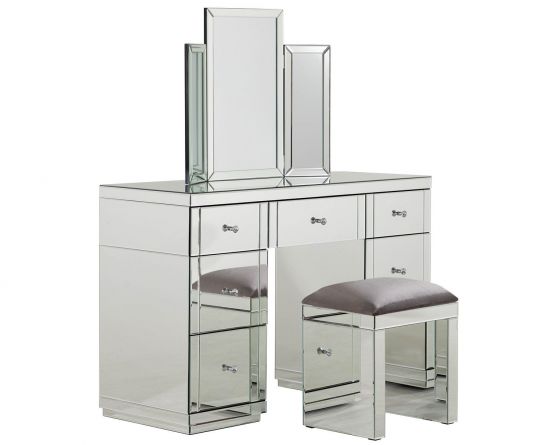 New Glass Dressing Table Mirrored Stool Black Faux Leather Seat .