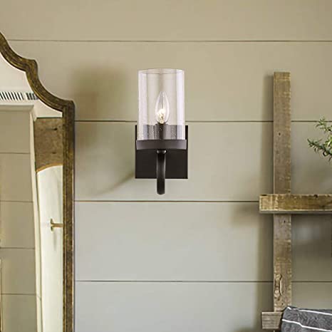 Wall Sconces 1-Light Black Modern Wall Lamp with Seed Glass Shade .