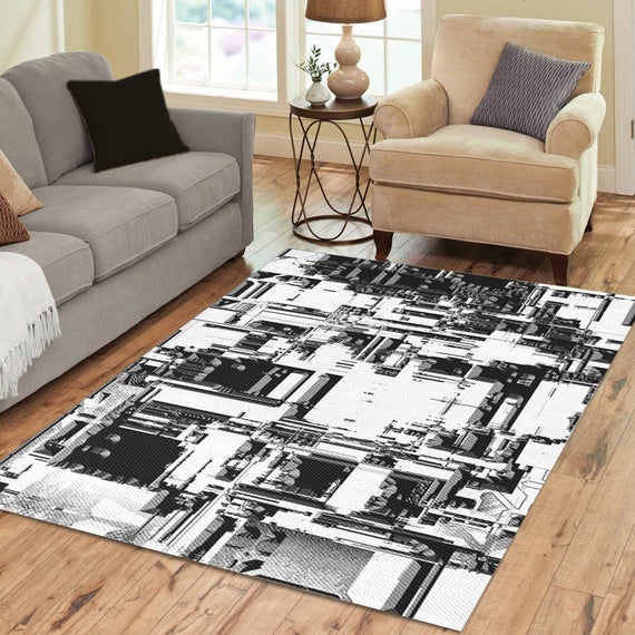 Abstract geometric area rug Modern black white and gray urban | Et