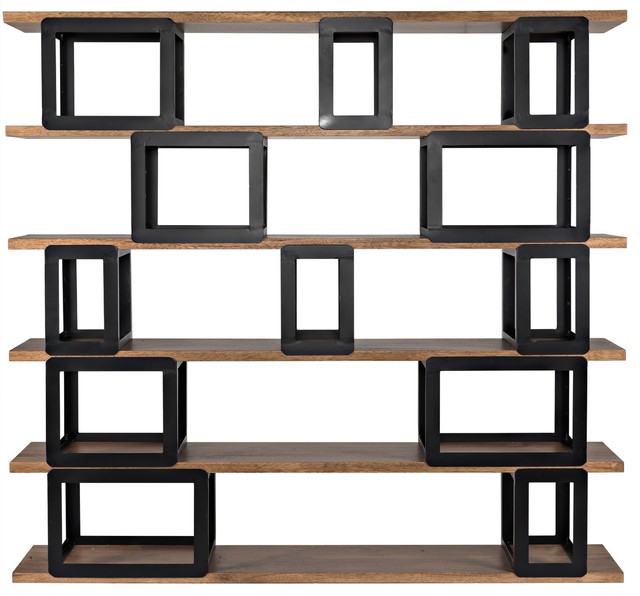 84" L Bookcase Modern Black Metal Boxes Solid Walnut Shelves .