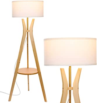 Brightech Charlotte: Rustic Shelf LED Floor Lamp - Tripod Standing .