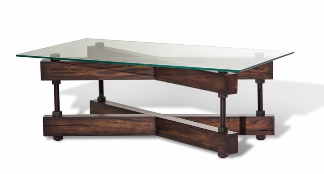 Killington Rustic Modern Coffee Table w/ Glass Top & Double "X .