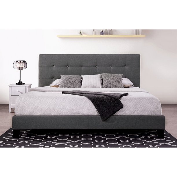 Modern King Size Bed Frame with Headboard, High-End Dark Gray Bed .