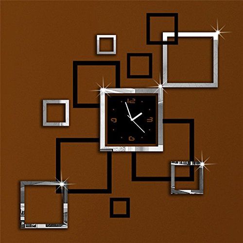 Wawoo Creative Square Quadrate 3D Mirror Surface Wall Clock for .