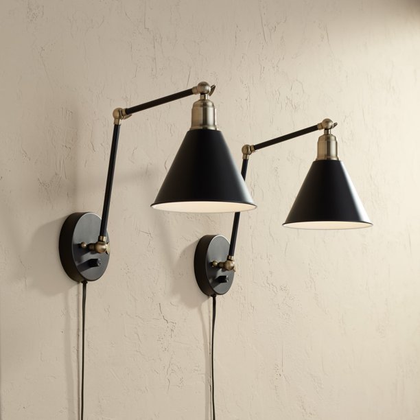 360 Lighting Modern Wall Lamp Plug-In Set of 2 Black and Antique .