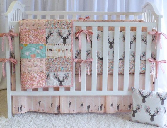 Deer Bedding Set in Tulip , quilt, crib bedding, fawn, stag, deer .