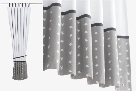 Nursery Curtains-Grey White Stars with Blackout Lining and | Et